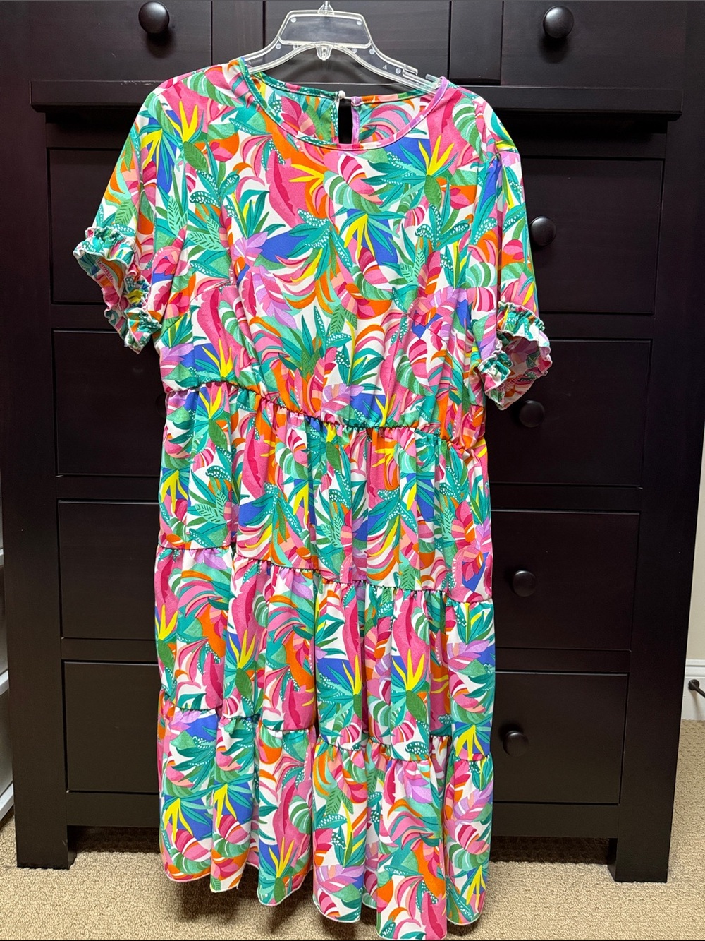 SHEIN Tropical Print Tiered Midi Dress - Pink Multi